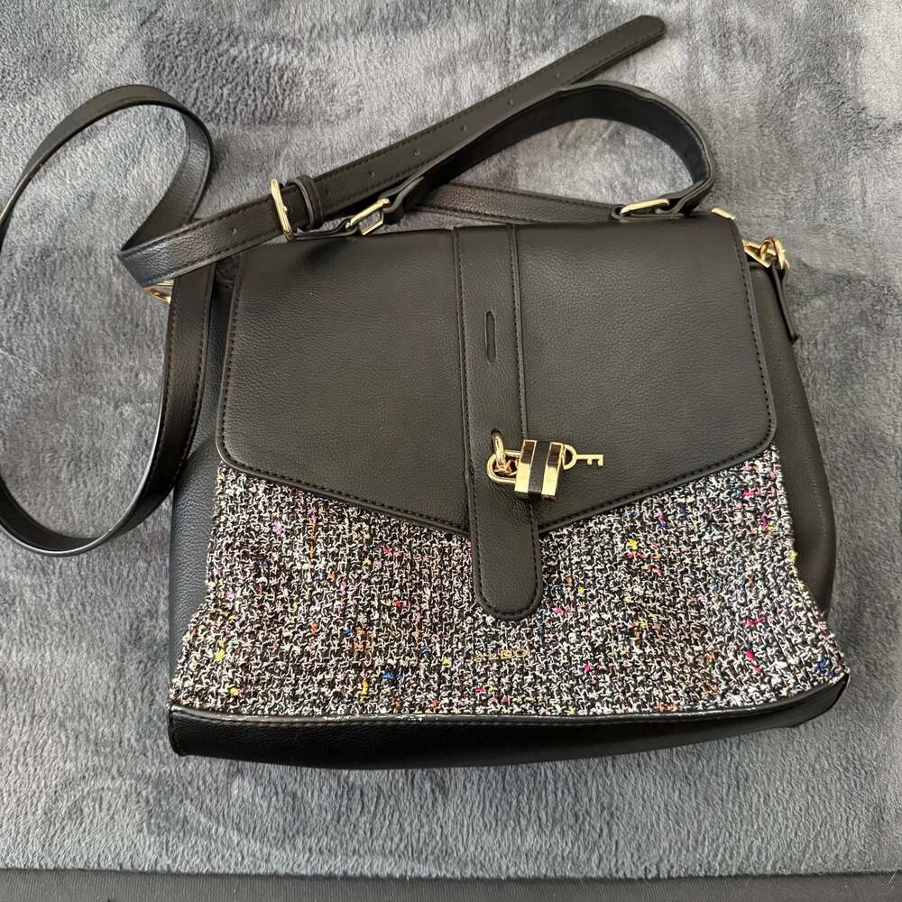 ALDO Black Faux Leather and Multi-Color Tweed Crossbody Bag with Key Lock Detail